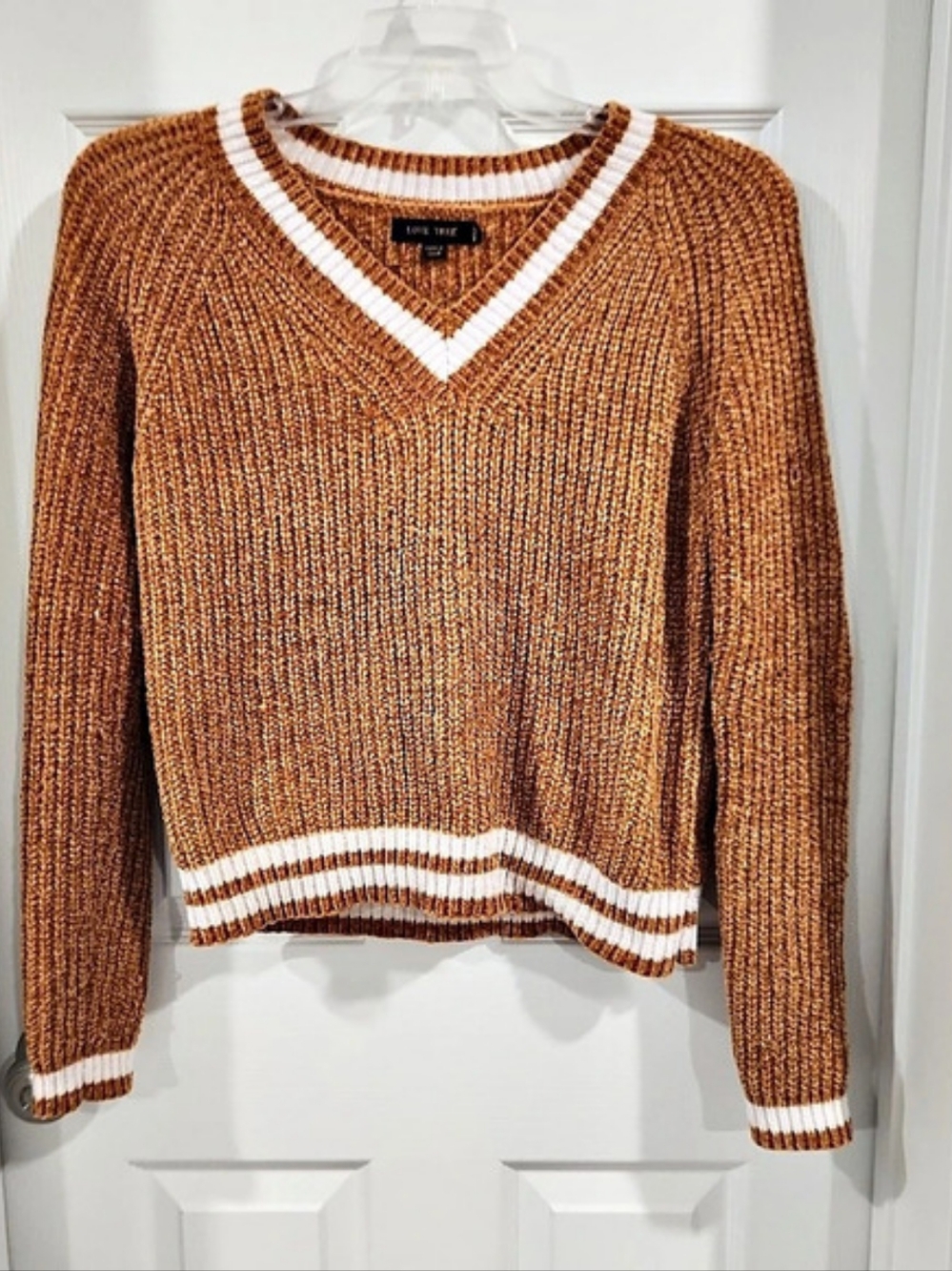 Love Tree Chenille Sweater Womens Medium Mustard Yellow Varsity Stripe Crop Knit